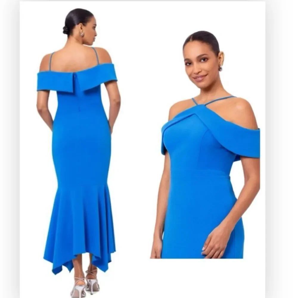 Xscape Evenings 6296X Cold Shoulder Handkerchief Hem Scuba Crepe Gown NWT $249